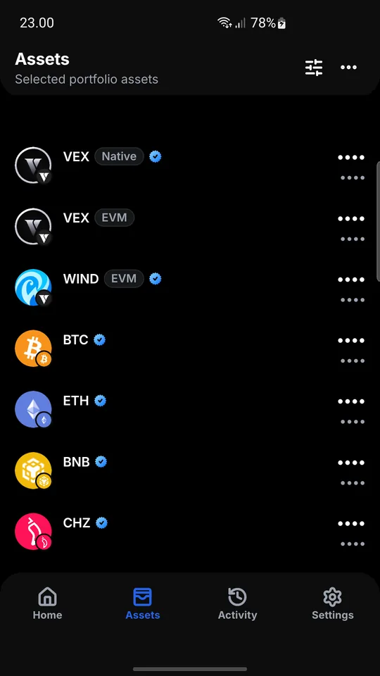 Wisp Wallet asset list showing VEX Native, VEX EVM, Bitcoin, Ethereum, BNB, and Chiliz