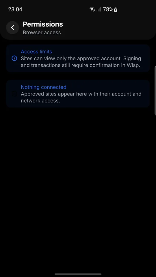 Wisp Wallet DApp browser permissions screen